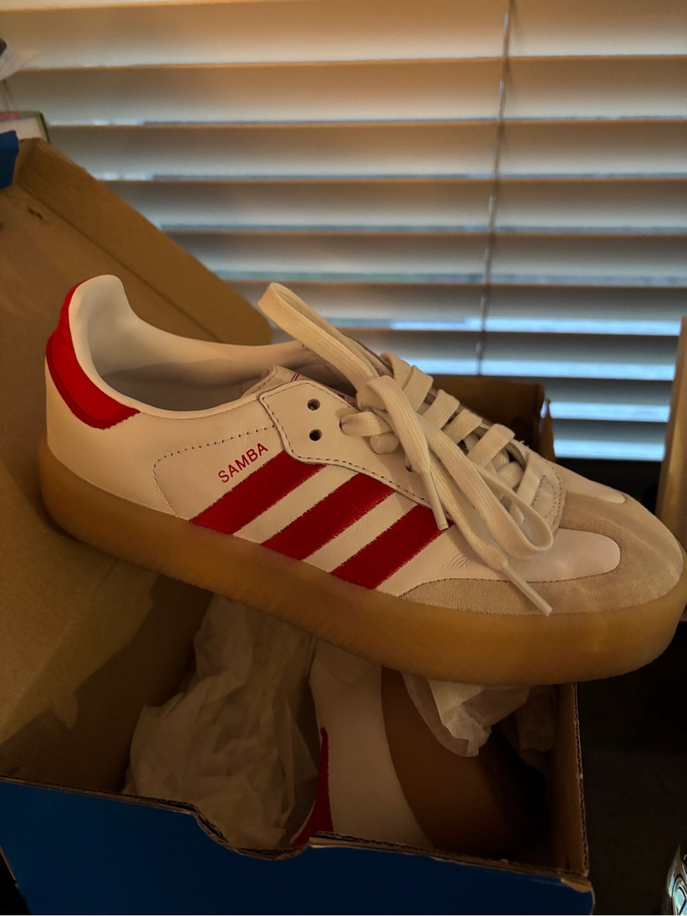 adidas Samba Sneaker in White with Red Stripes fits like an 8
